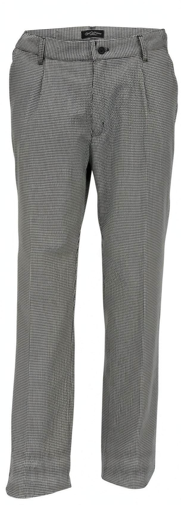 Kokinhousut miehille kukonaskel-kuosilla. Sivutaskut ja yksi takatasku, edessä ja takana muotolaskokset.