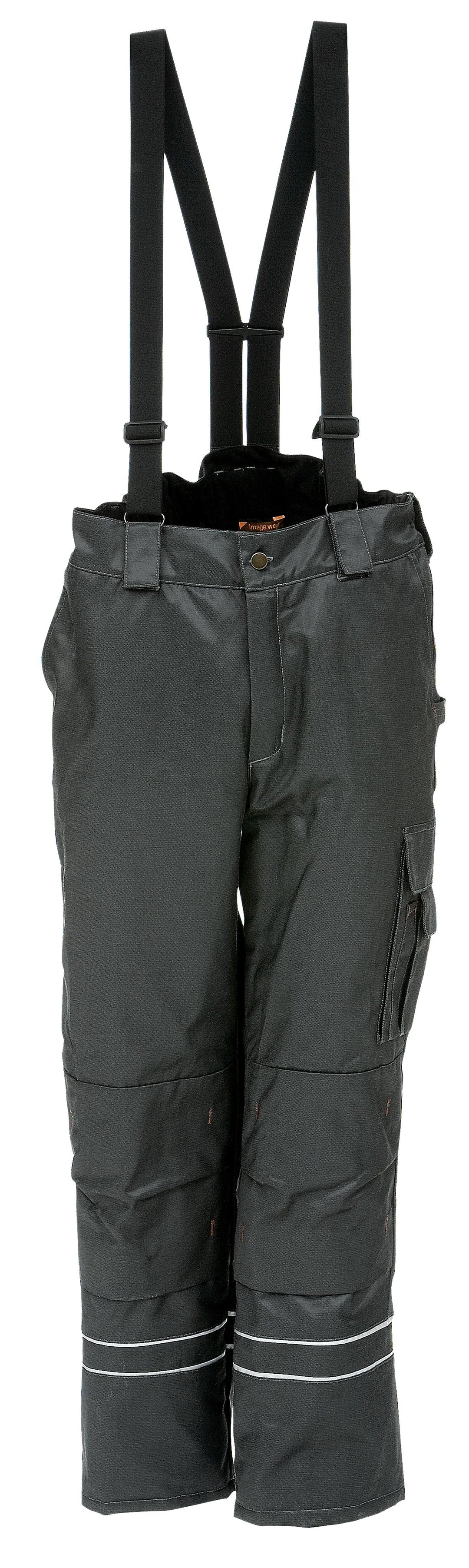 Tummanharmaat talvihousut, jossa irrotettavat henkselit vyötäröllä. Lahkeissa kaksi kapeaa heijastinnauhaa. Reisitasku vasemmassa lahkeessa, etutaskut.