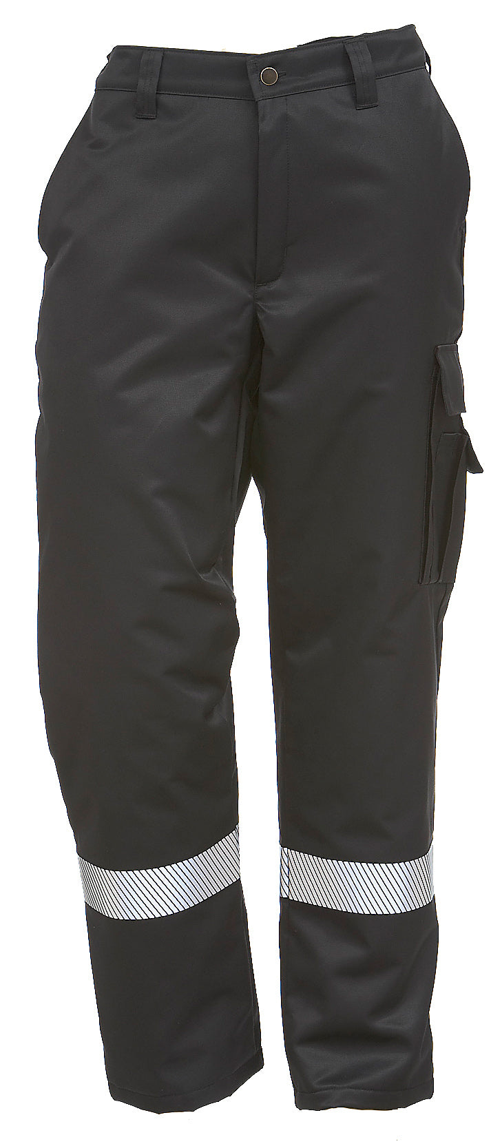 Mustat talvihousut, jossa kiinteä vyötärö vetoketjukiinnityksellä. Lahkeissa leveät heijastinnauhat polvien kohdalla. Vasemmalla läpällinen reisitasku, jonka päällä on kynätasku. Edessä etutaskut.