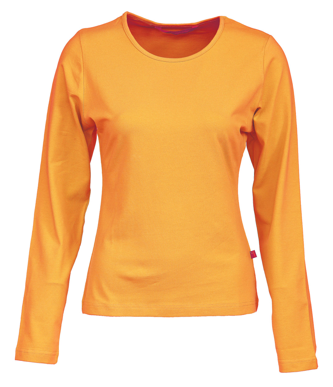 Oranssin värinen naisten pitkähihainen paita. Joustavaa trikoomateriaalia. Hieman vartalonmyötäinen. O-pääntie.