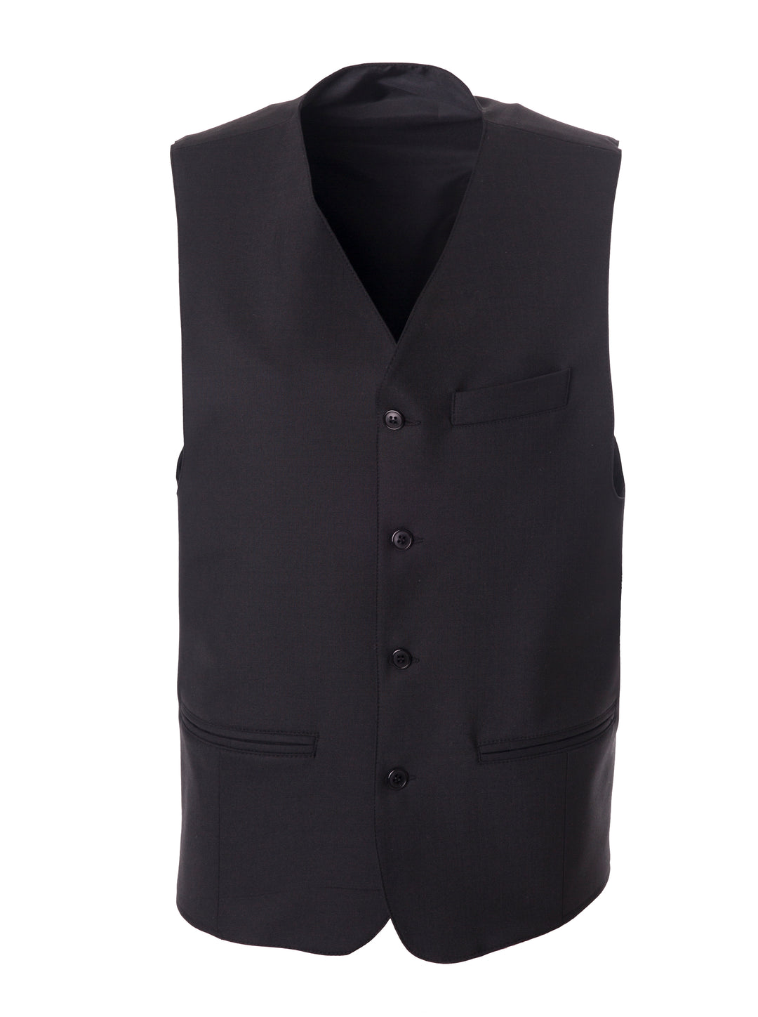 Musta pidempi tarjoilijan liivi. Edessä nappikiinnitys 4 napilla. Rintatasku ja ja upotetut alataskut.