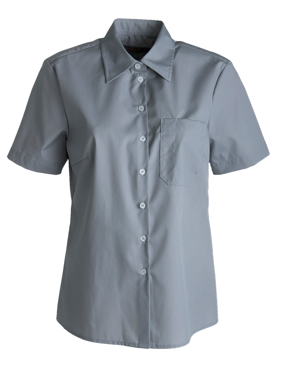 Harmaa, aavistuksen vartalonmyötäinen, naisille muotoiltu lyhythihainen paitapusero. Rintatasku, jossa paikka kynälle. Rintamuotolaskokset.