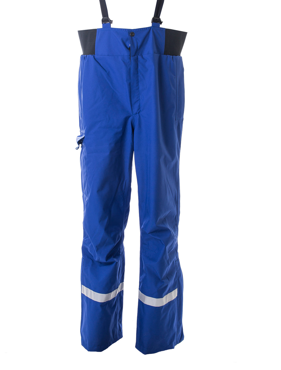 Siniset kuorihousut miehille. 1 reisitasku, heijastinnauhat lahkeissa sekä henkselit. Vetoketju-ja nappikiinnitys. Korkea vyötärö joustavaa materiaalia.