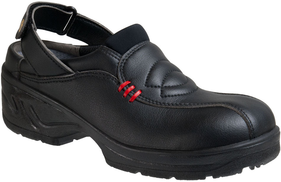 Jalaksen musta nahkainen työjalkine, Daniel, esim. keittiöön ja terveydenhuoltoon. Kärki on umpinainen ja takana on tarralla säädettävä nauha. Edessä on koristetikkaukset mustalla ja punaisella pienet koristeraidat. Edessä on n.1,5 cm platform pohja ja takana n.3 cm korko. Edessä lisäksi venykekangas.