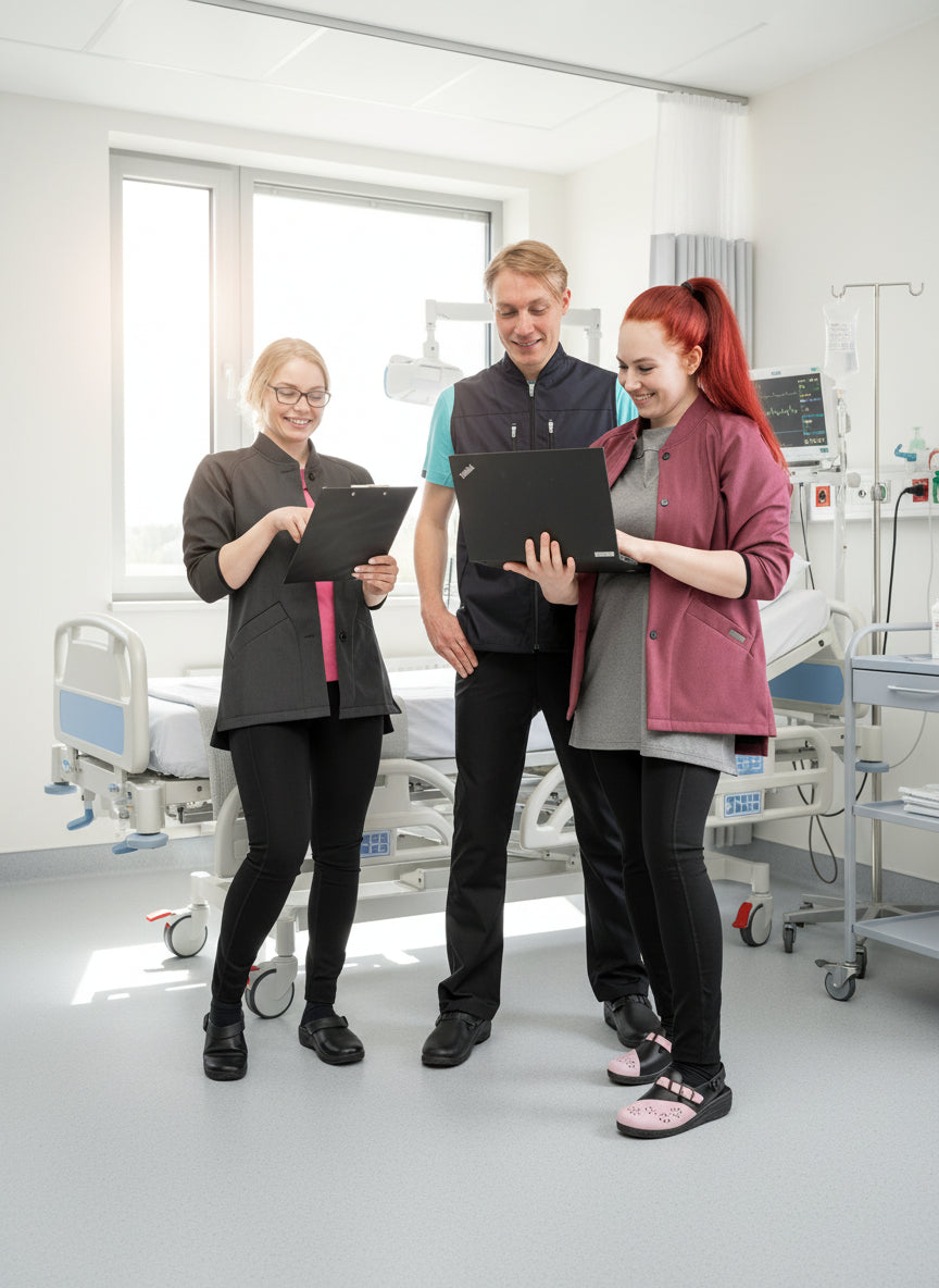 Kuvassa kolme henkilö, joista 2 naisella päällä vilutakit ja alla softy sarjan paita ja tunika sekä trekkingsit. Miehellä päällä softy t-paita, unisex liivi sekä työfarkut.