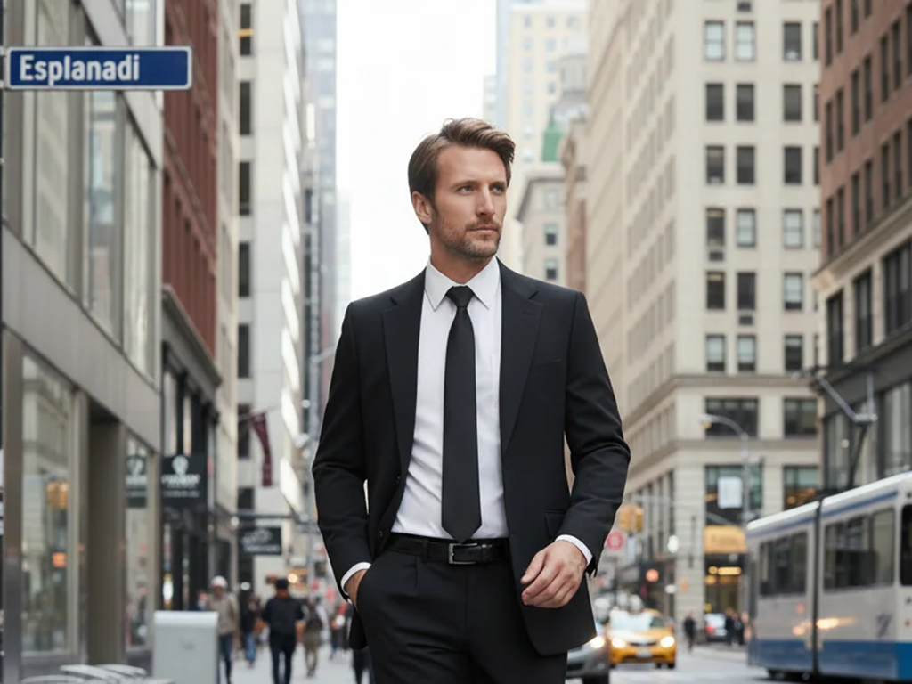 Kuvassa miehellä musta Image Wearin puvun takki, sininen kauluspaita ja tummansininen turvasolmio. 