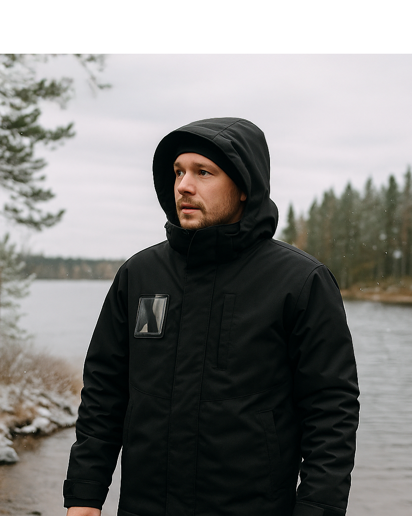 Kuvassa mies seisoo järven rannalla ja hänellä on päällään uusi musta Pyry talvitakki.