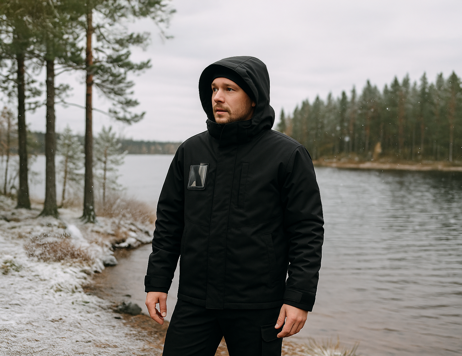 Kuvassa mies seisoo järven rannalla. Hänellä on päällään Image Wearin uusi musta Pyry talvitakki ja -housut. 