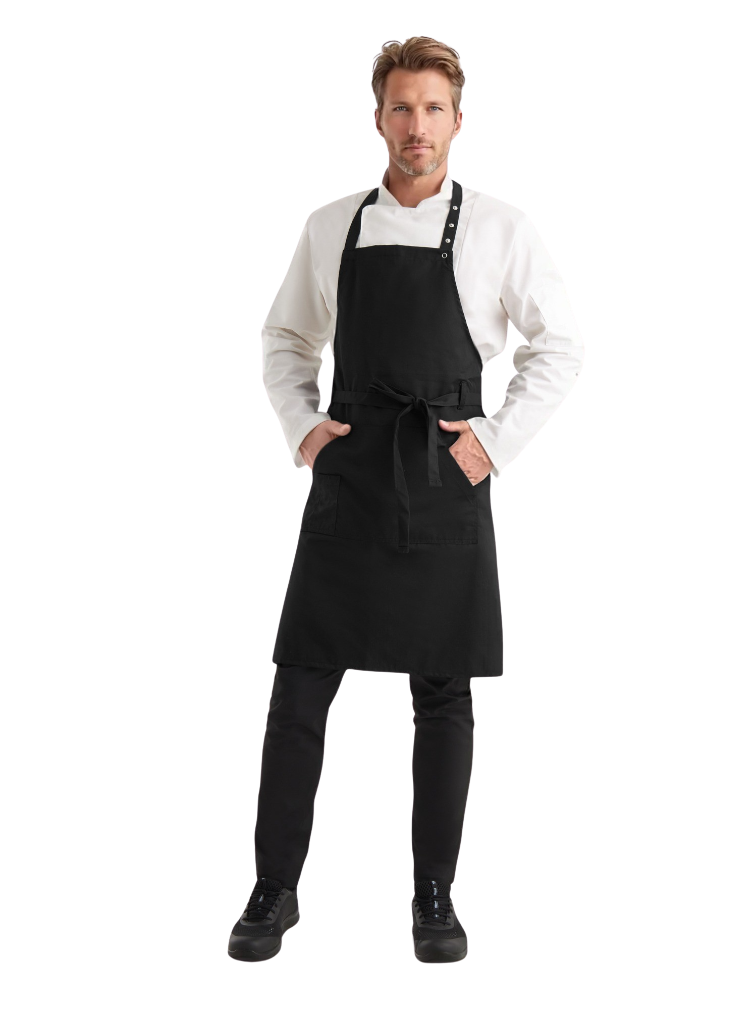 Miesmallilla kuvassa päällään Image Wearin valkoinen kokin takki, musta suutarin esiliina sekä mustat työfarkut ja Sievin Fly fresh-työlenkkarit. 