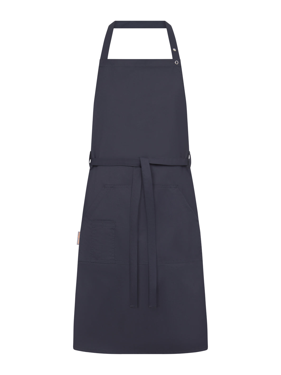 Tummansininen suutarinesiliina. Säädettävä vyö ja kaulanauha. Iso tasku edessä.