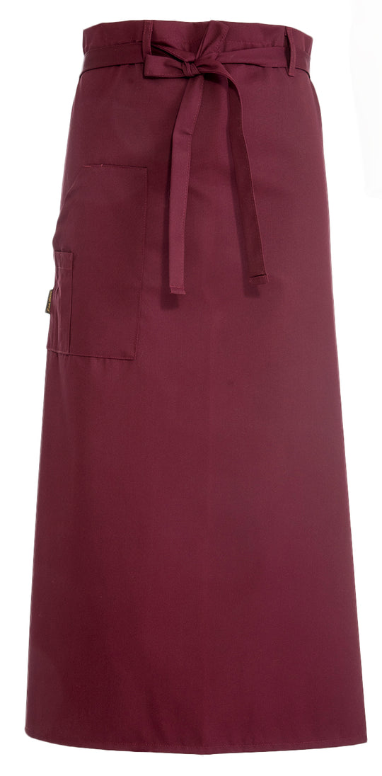 Viininpunainen pitkä esiliina, jossa yksi iso tasku edessä sekä erillinen kynätasku. Vyötäröllä nauhakiinnitys. 