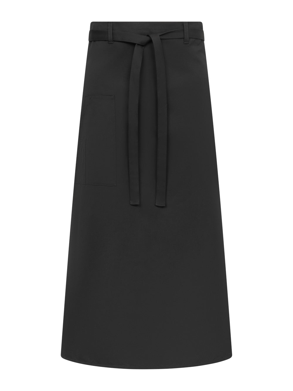 Musta pitkä esiliina, jossa yksi iso tasku edessä sekä erillinen kynätasku. Vyötäröllä nauhakiinnitys. 