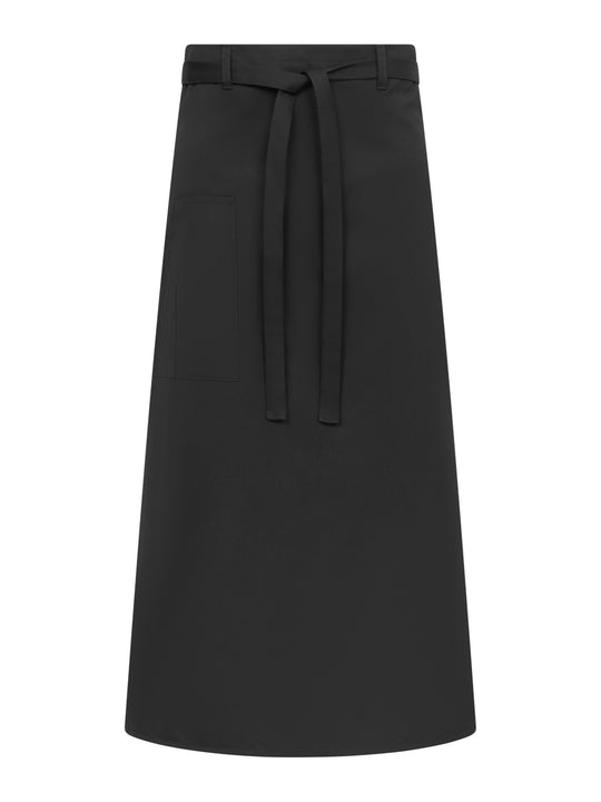 Musta pitkä esiliina, jossa yksi iso tasku edessä sekä erillinen kynätasku. Vyötäröllä nauhakiinnitys. 