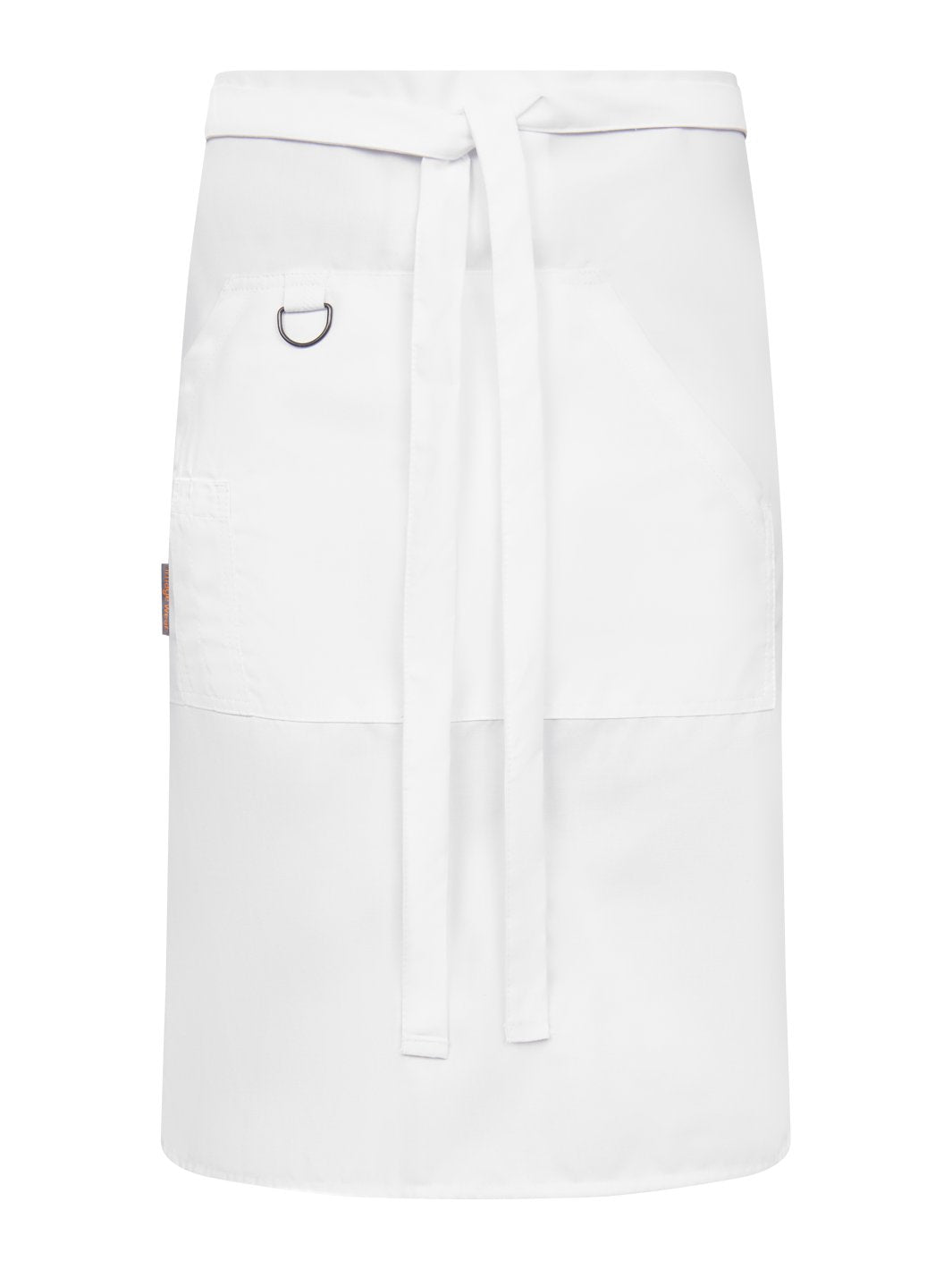 Image Wearin valkoinen Bistro esiliina. Iso etutasku, jossa myös pienempi kynä/lusikkatasku sekä avainlenkki. Vyötärölle sidottava pitkä vyötärönauha.