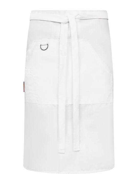 Image Wearin valkoinen Bistro esiliina. Iso etutasku, jossa myös pienempi kynä/lusikkatasku sekä avainlenkki. Vyötärölle sidottava pitkä vyötärönauha.