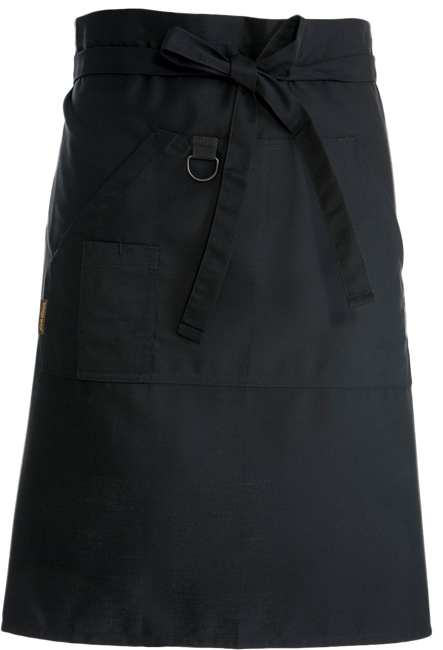 Musta puoli/ bistro esiliina. Edessä iso tasku, jossa kynätaskut ja avainlenkki. Vyötäröllä nauha. 