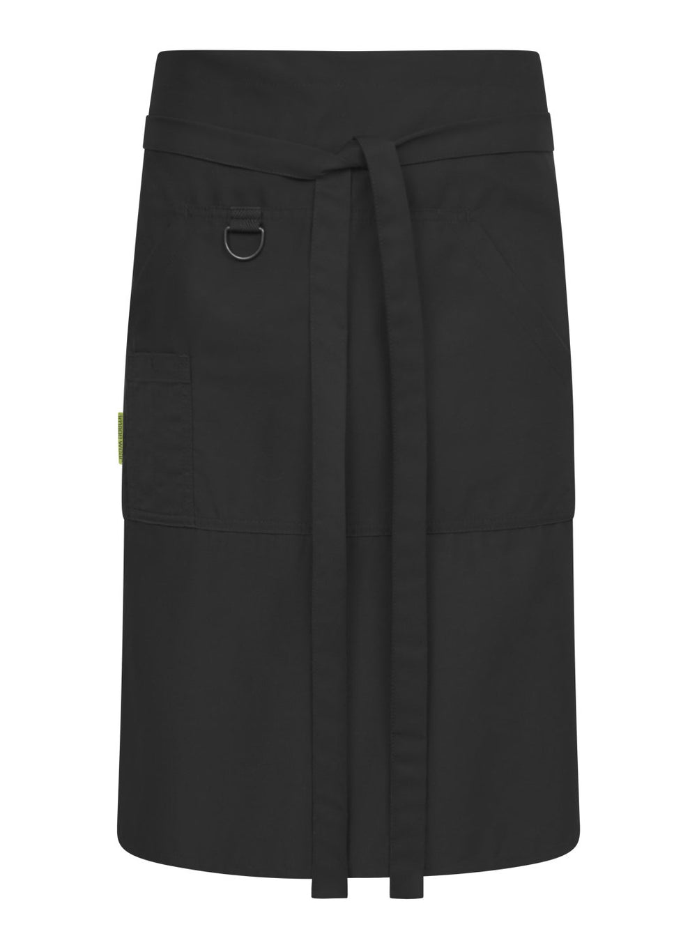 Image Wearin musta Bistro esiliina. Iso etutasku, jossa myös pienempi kynä/lusikkatasku sekä avainlenkki. Vyötärölle sidottava pitkä vyötärönauha.