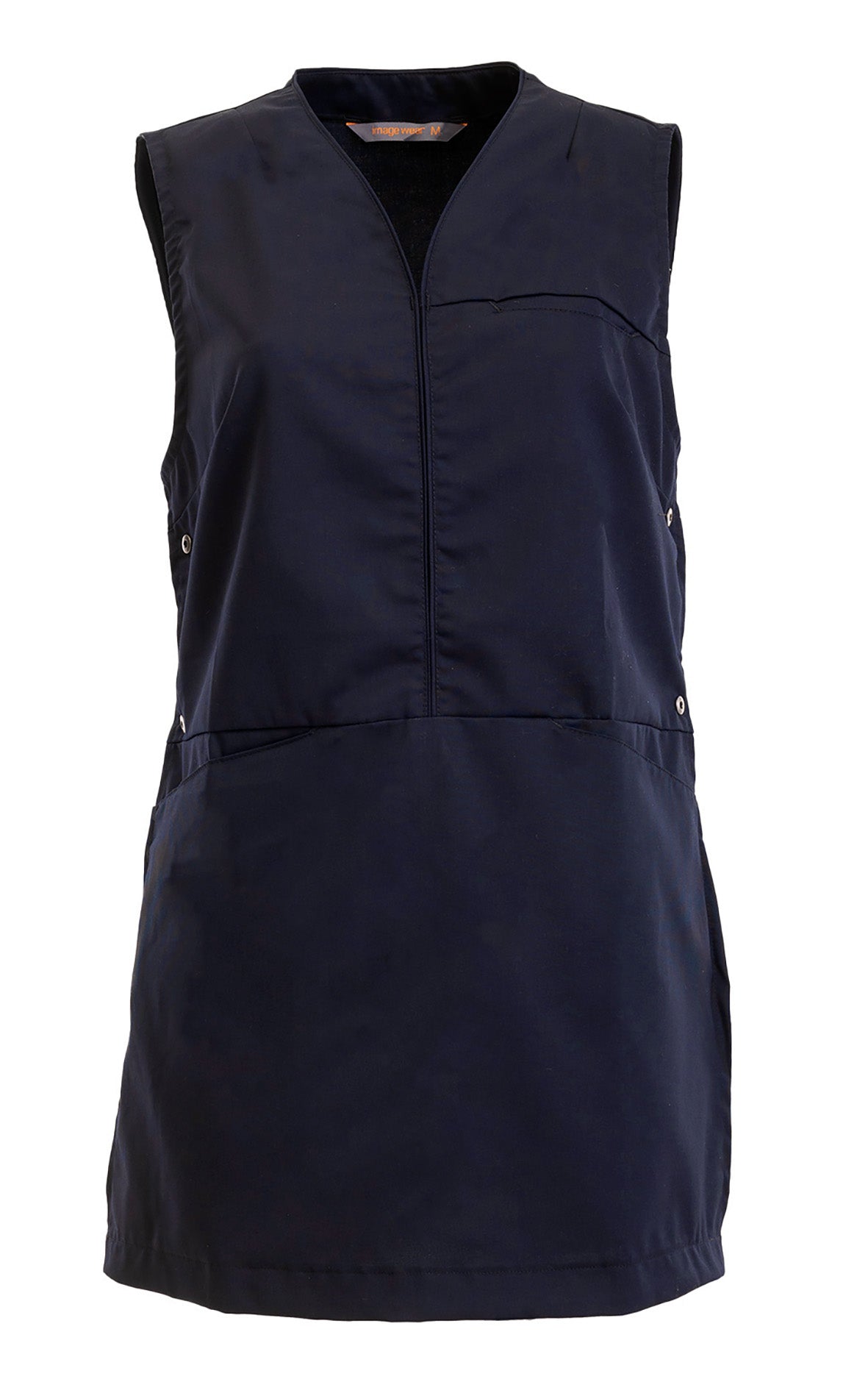 Naisten tummansininen liiviessu/ essumekko. Sivussa nepparit. Edessä sauma vyötäröllä sekä saumaan upotetut taskut. 