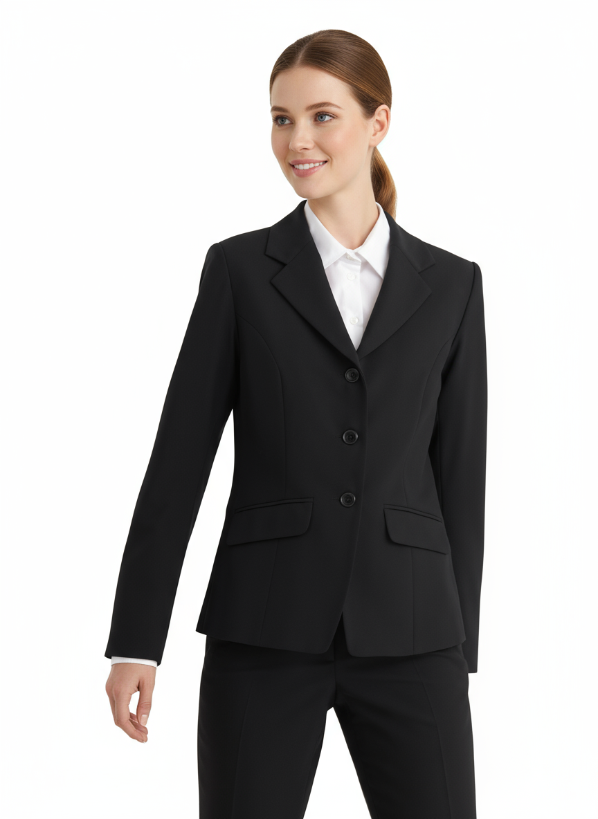 Kuvassa naismallilla päällä musta blazer/jakku ja vekilliset suorat housut. Jakun alla mallilla on valkoinen paitapusero. 