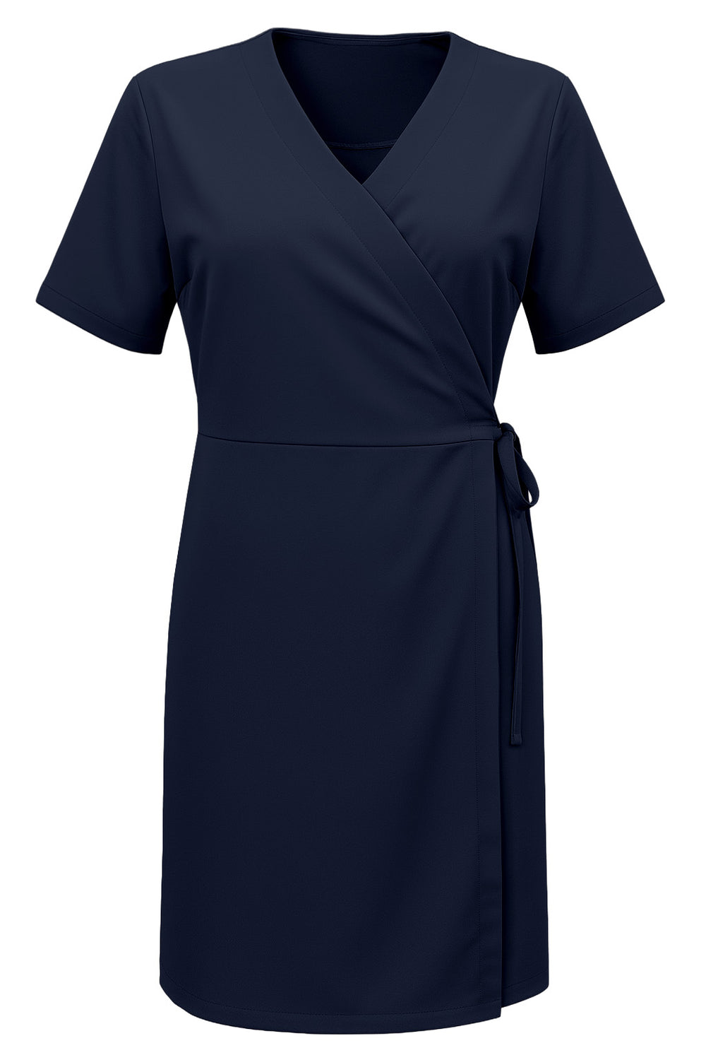 Kuvassa tummansininen lyhythihainen kietaisumekko joustavasta materiaalista. 