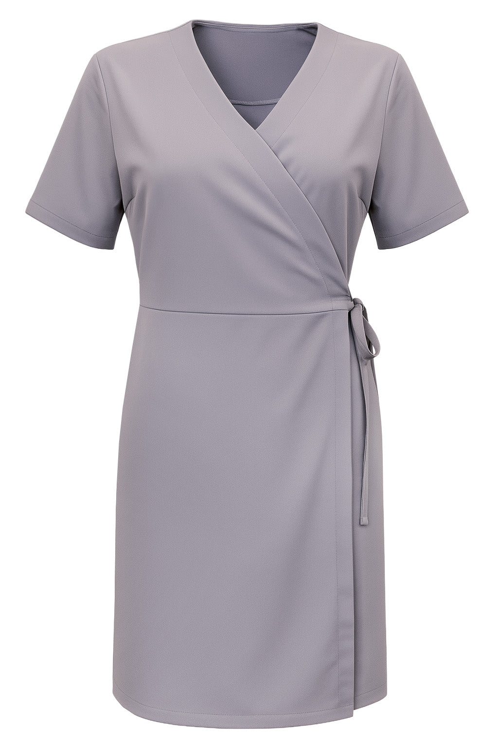 Kuvassa harmaa lyhythihainen kietaisumekko joustavasta materiaalista. 