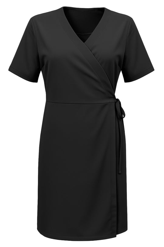 Kuvassa musta lyhythihainen kietaisumekko joustavasta materiaalista. 