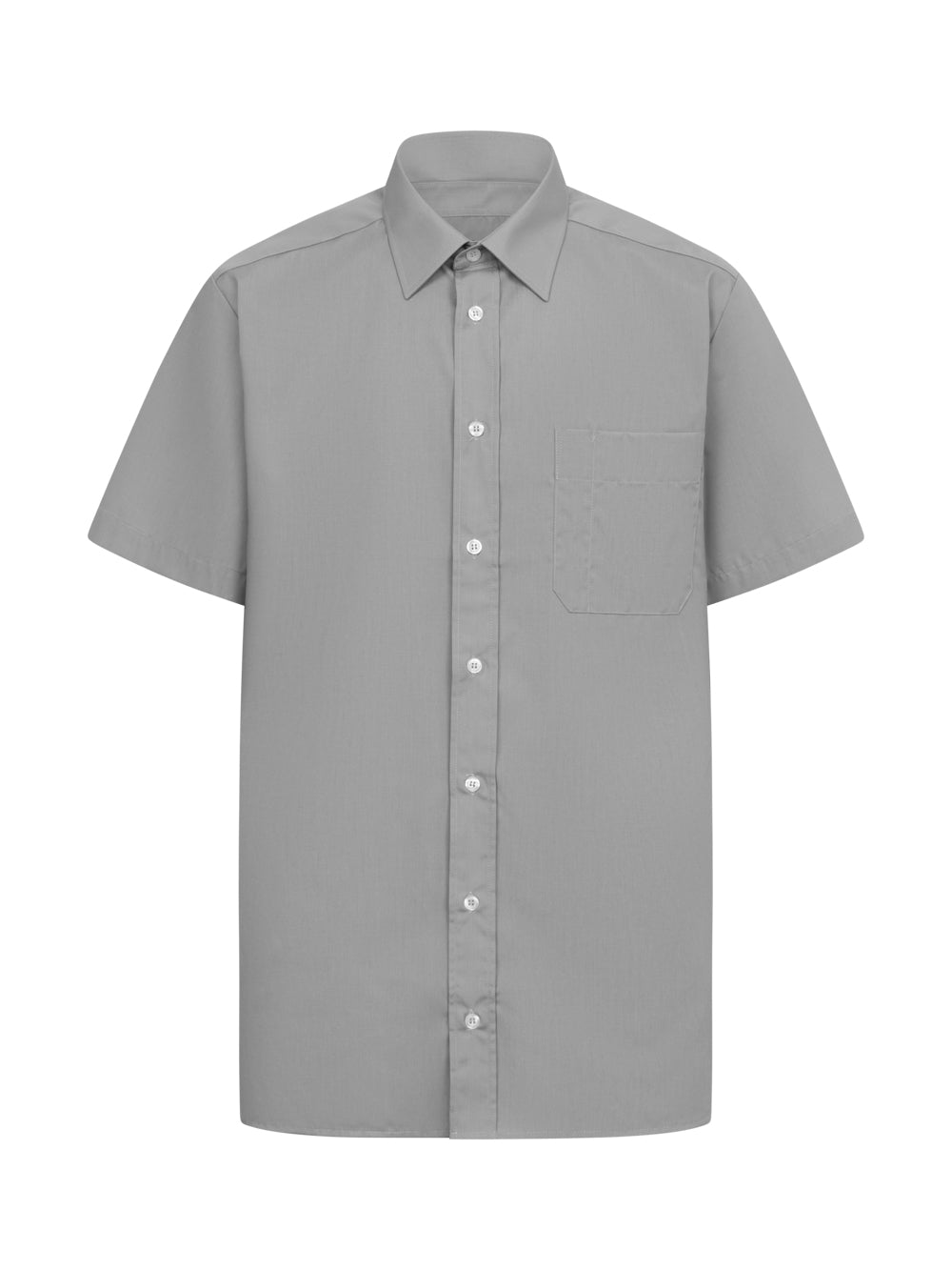 Harmaa lyhythihainen kauluspaita. Edessä rintatasku.