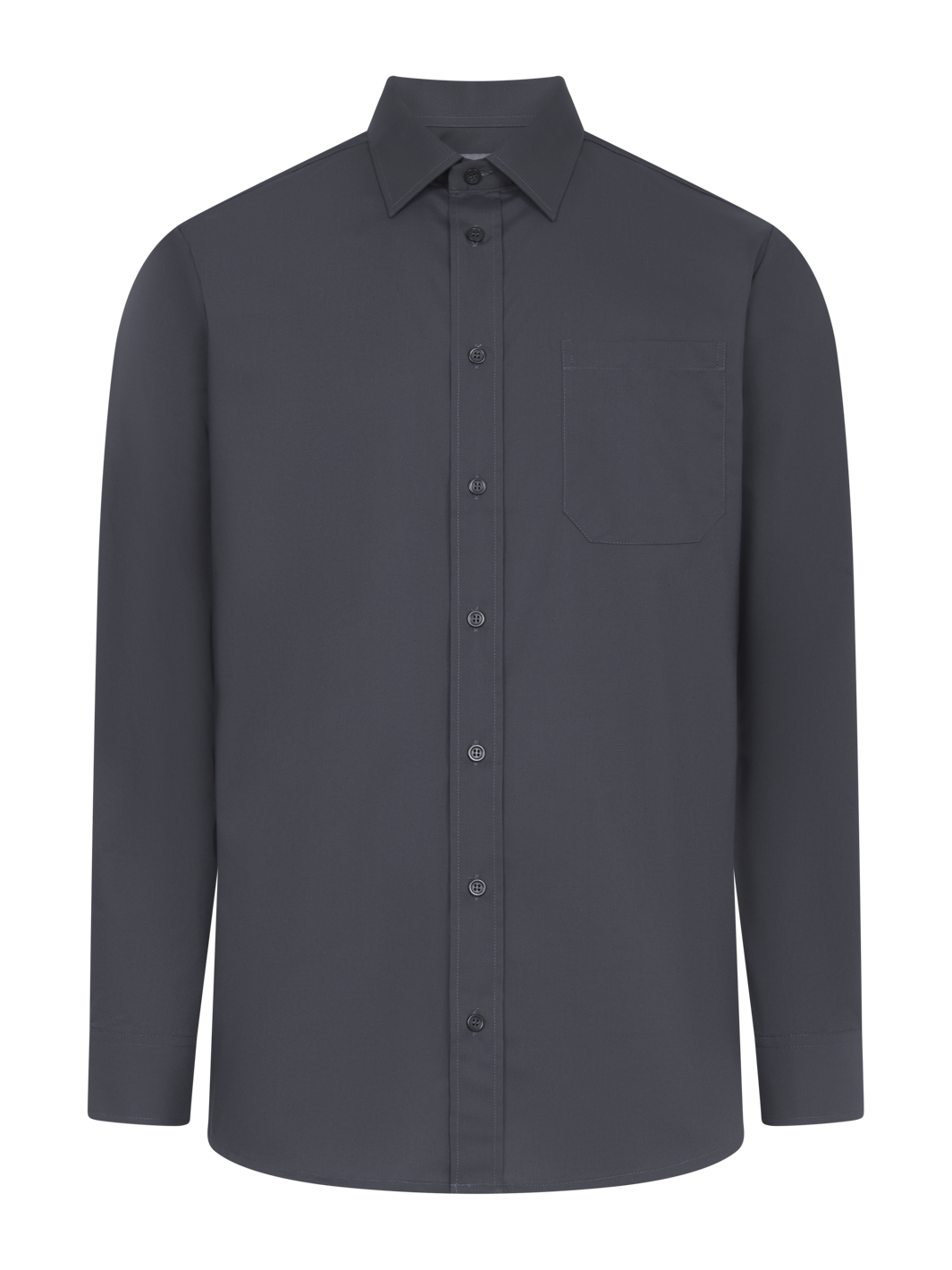 Miesten tummanharmaa pitkähihainen kauluspaita rintataskulla. Aavistuksen tyköistuva. 