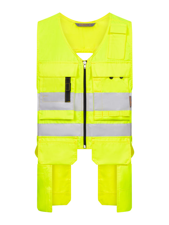 Keltainen näkyvä varoitusriipputaskuliivi, jossa näkyvyyttä parantavat heijastimet. Läpälliset riippuvat rintataskut. Vasaralenkit. 