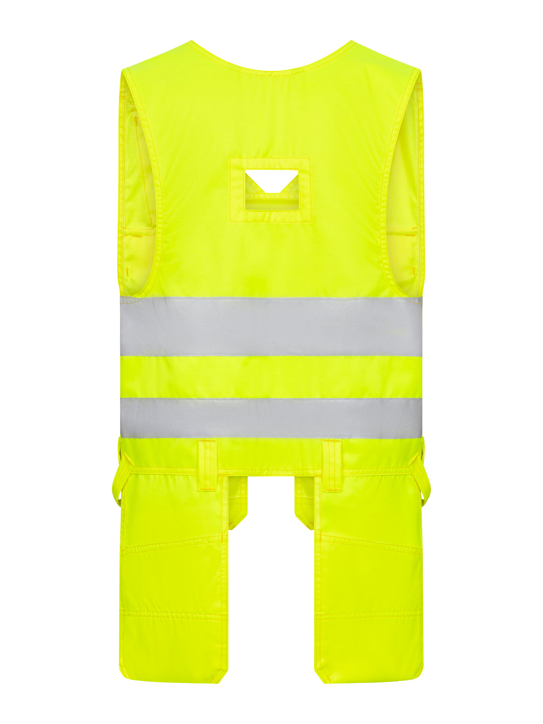 Keltainen näkyvä varoitusriipputaskuliivi takaapäin kuvattuna. 