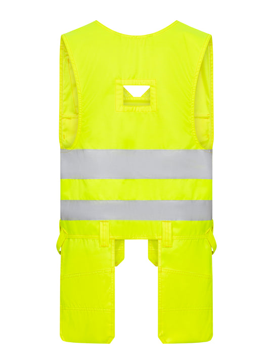 Keltainen näkyvä varoitusriipputaskuliivi takaapäin kuvattuna. 