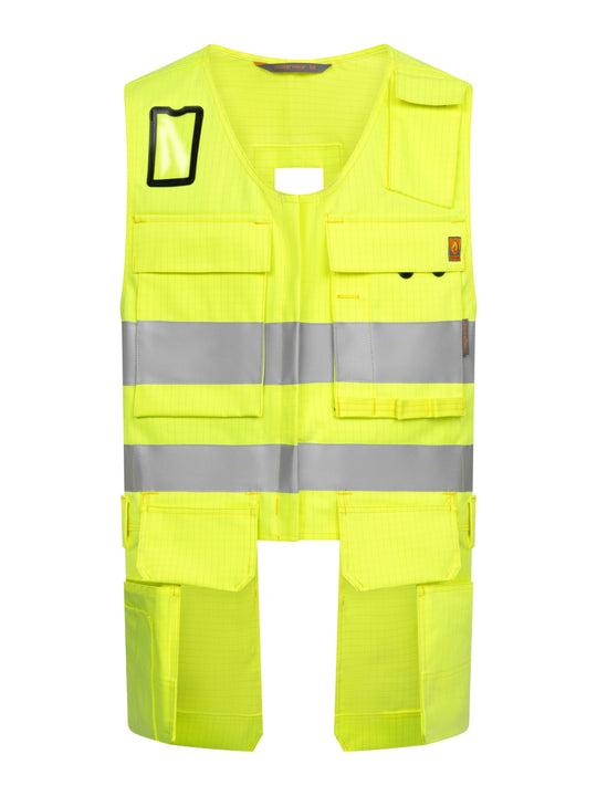 Keltainen palosuojattu varoitusriipputaskuliivi edestä kuvattuna. 