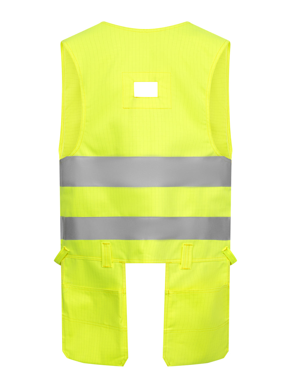 Keltainen palosuojattu varoitusriipputaskuliivi takaapäin kuvattuna. 