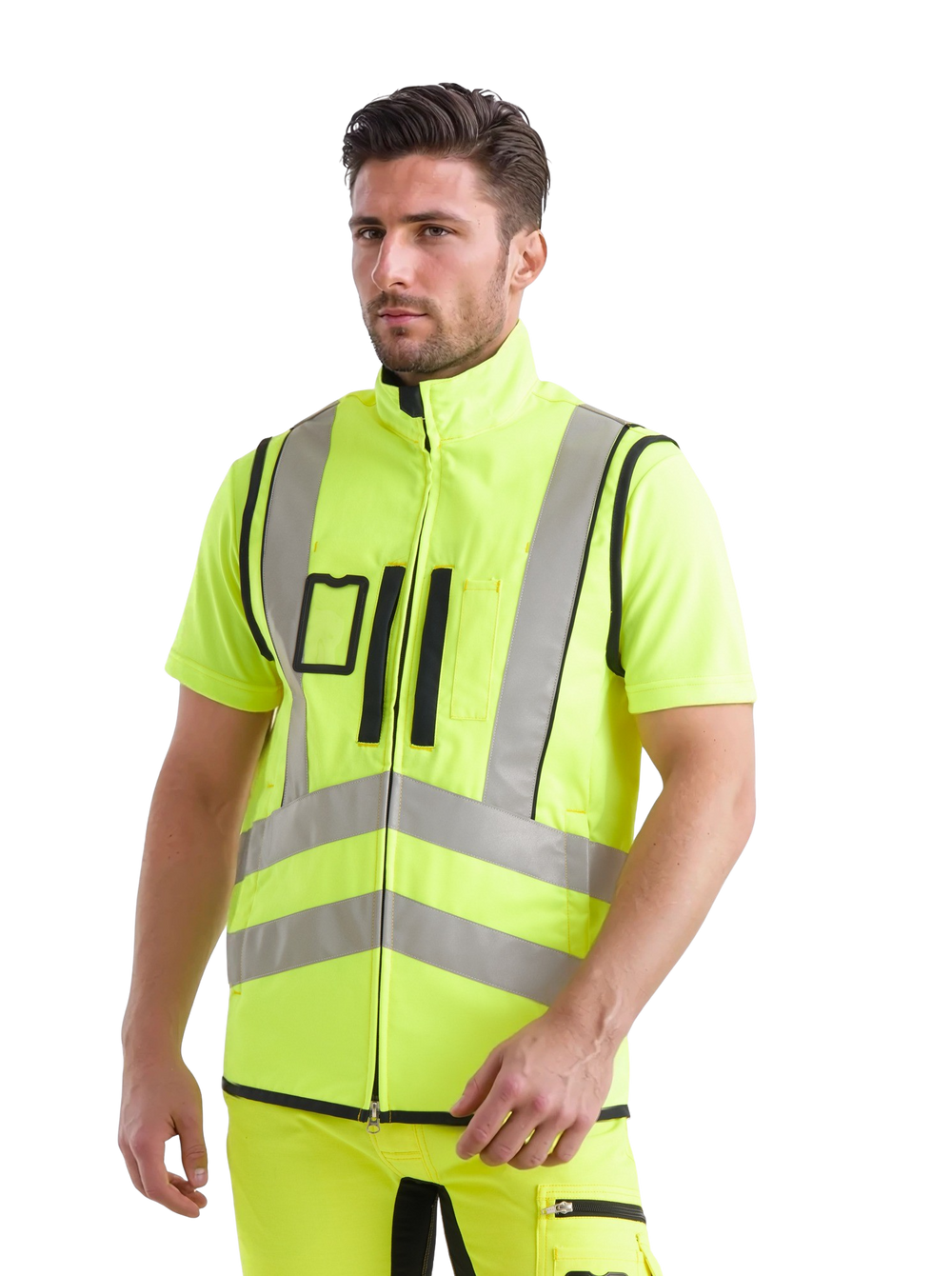 Kuvassa miesmallilla Image Wearin keltainen varoitusliivi, varoitus t-paita sekä joustavat reisitaskulliset varoitushousut. 