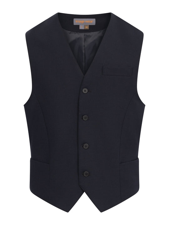 Tummansininen kangasliivi. Edessä nappikiinnitys, V-pääntie. Sivussa taskut. 