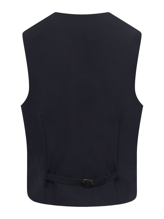 Tummansininen kangasliivi takaapäin kuvattuna. 