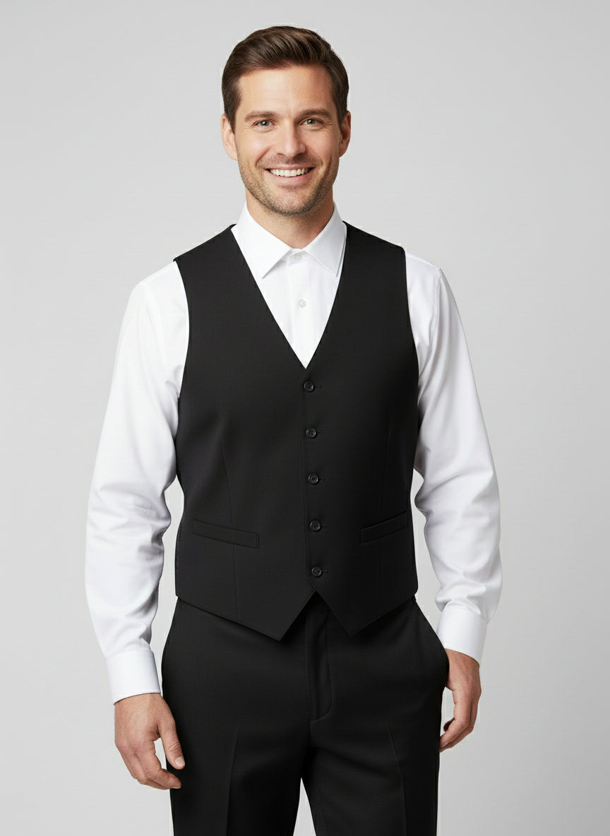 Musta kangasliivi. Edessä nappikiinnitys, V-pääntie. Sivussa taskut. 