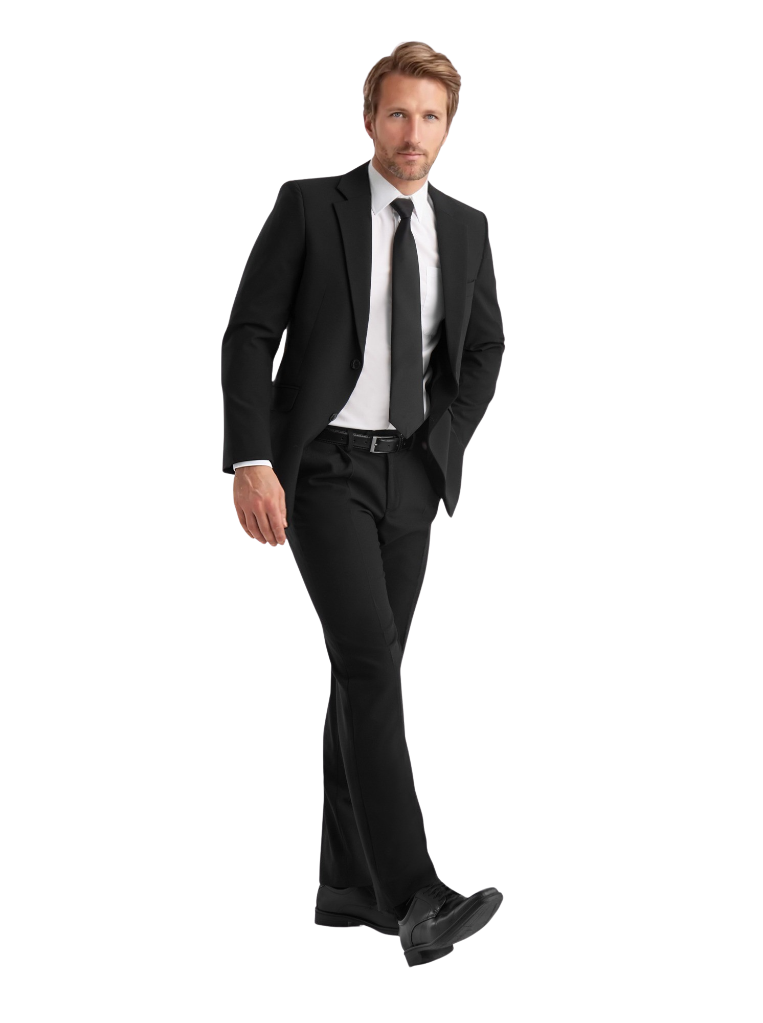 Kuvassa miesmallilla päällä Image Wearin musta puku, valkoinen kauluspaita sekä musta turvasolmio. Jalassa mallilla on Sievin Mark-pukukengät. 