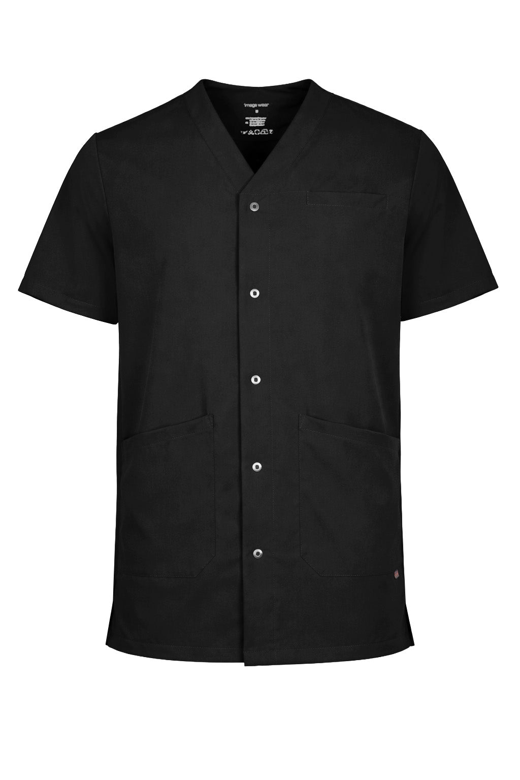 Musta Easy-malliston unisex takki. Lyhyet hihat. V-pääntie. Nepparikiinnitys edessä. Rintatasku ja alataskut. Sivuissa halkiot. 