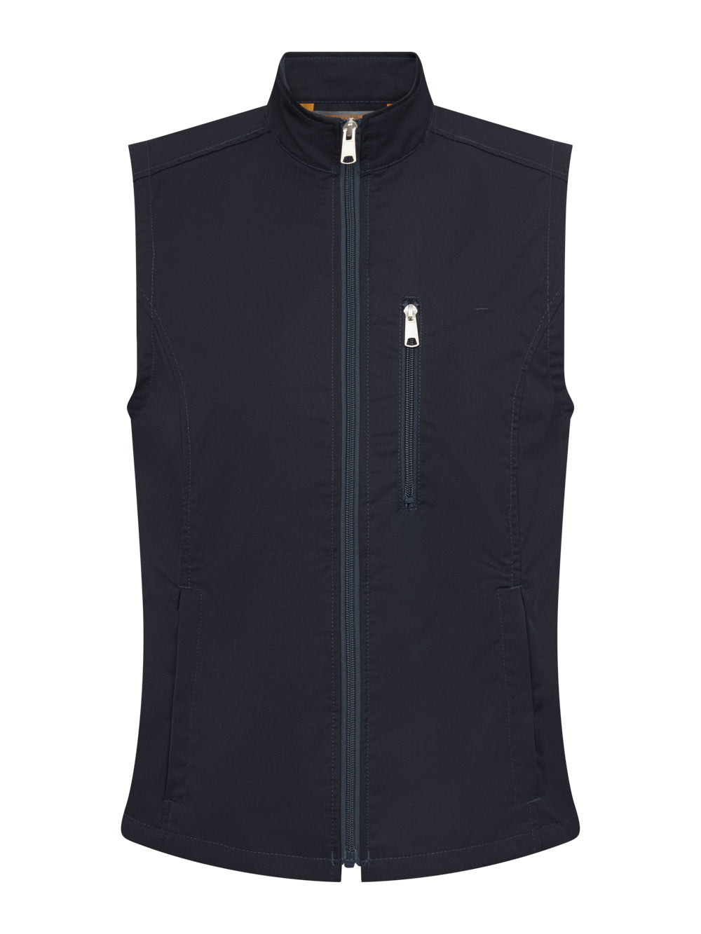 Tummansininen työliivi esim. terveydenhuollon ammattilaiselle. Vetoketju edessä ja vetoketjullinen rintatasku sekä alataskut. Sivuissa joustavaa materiaalia. Pieni pystykaulus. 