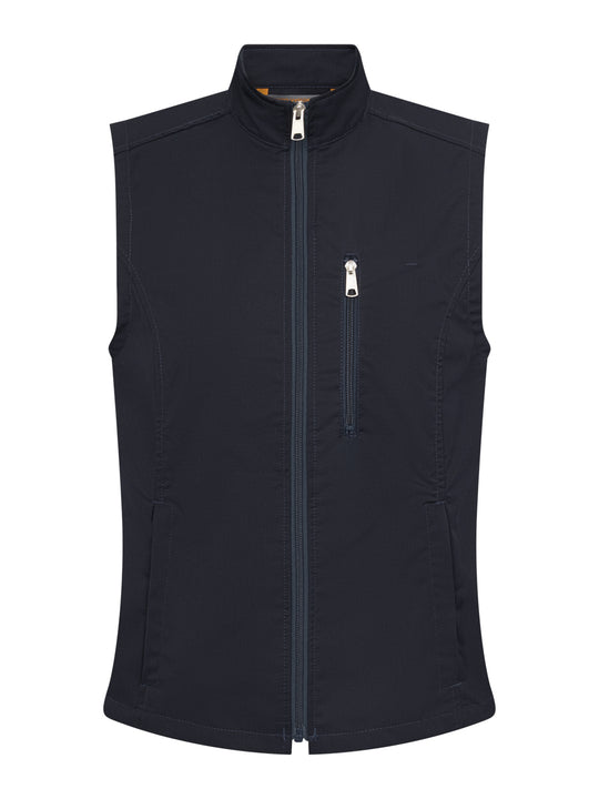 Tummansininen työliivi esim. terveydenhuollon ammattilaiselle. Vetoketju edessä ja vetoketjullinen rintatasku sekä alataskut. Sivuissa joustavaa materiaalia. Pieni pystykaulus. 