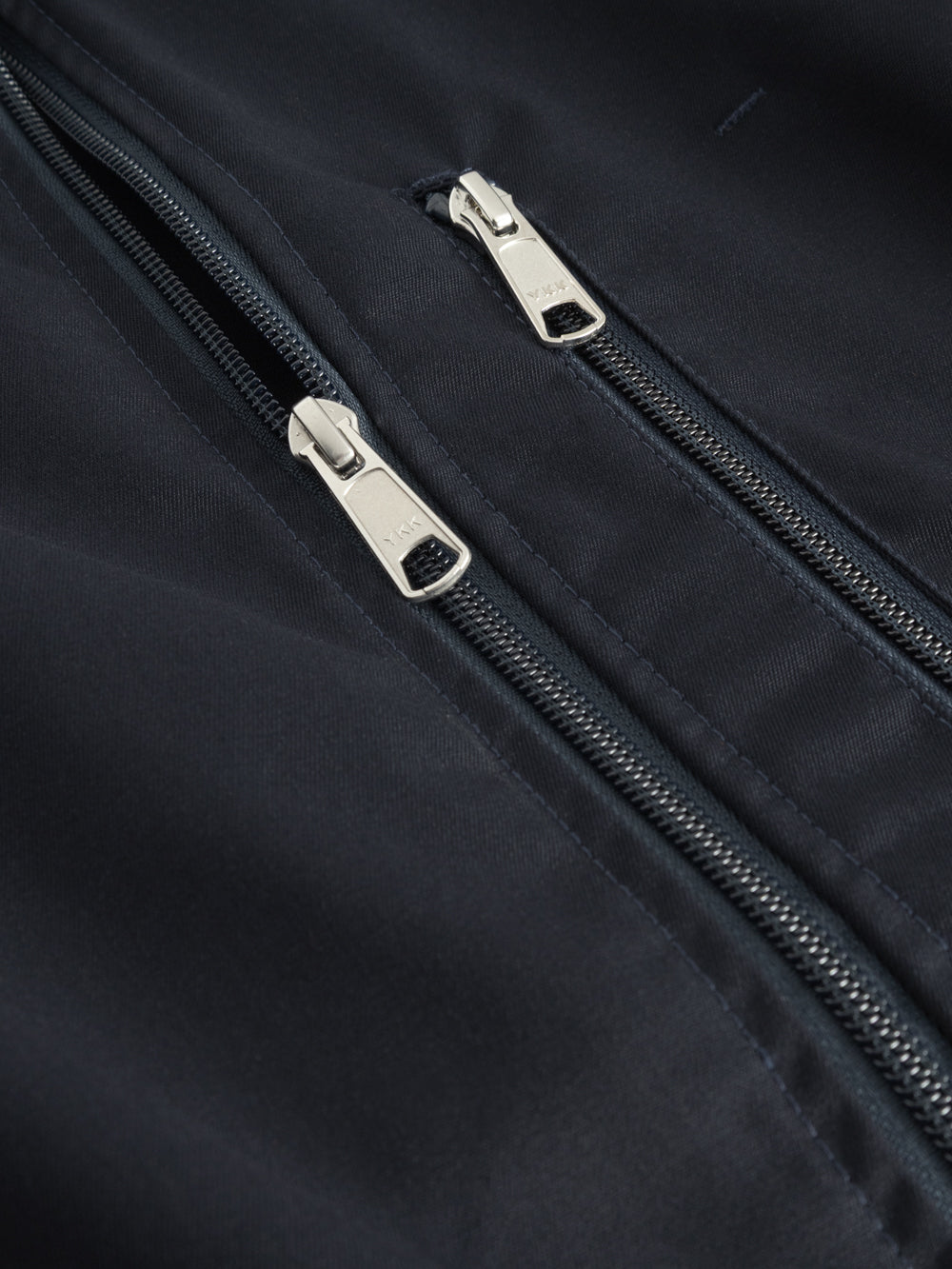 Yksityiskohtakuva tummansinisen työliivin etuvetoketjusta ja taskun vetoketjusta. 