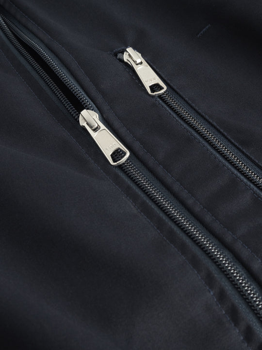 Yksityiskohtakuva tummansinisen työliivin etuvetoketjusta ja taskun vetoketjusta. 