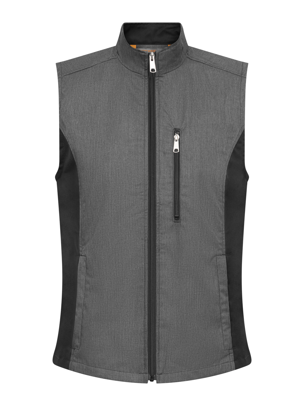 Harmaa-musta kangasliivi, jossa vetoketju edessä ja vetoketjullinen rintatasku. Myös alataskut. Sivuissa joustavaa kangasta. 