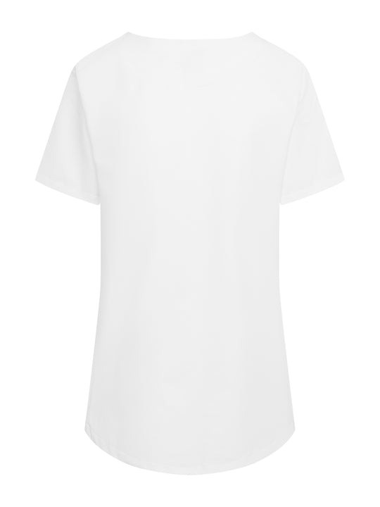 Valkoinen naisten toimipaikka/ hoitajan työpaita takaapäin kuvattuna