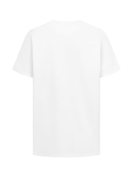 Valkoinen Vire-sarjan lyhythihainen toimipaikkapusero takaapäin kuvattuna. 