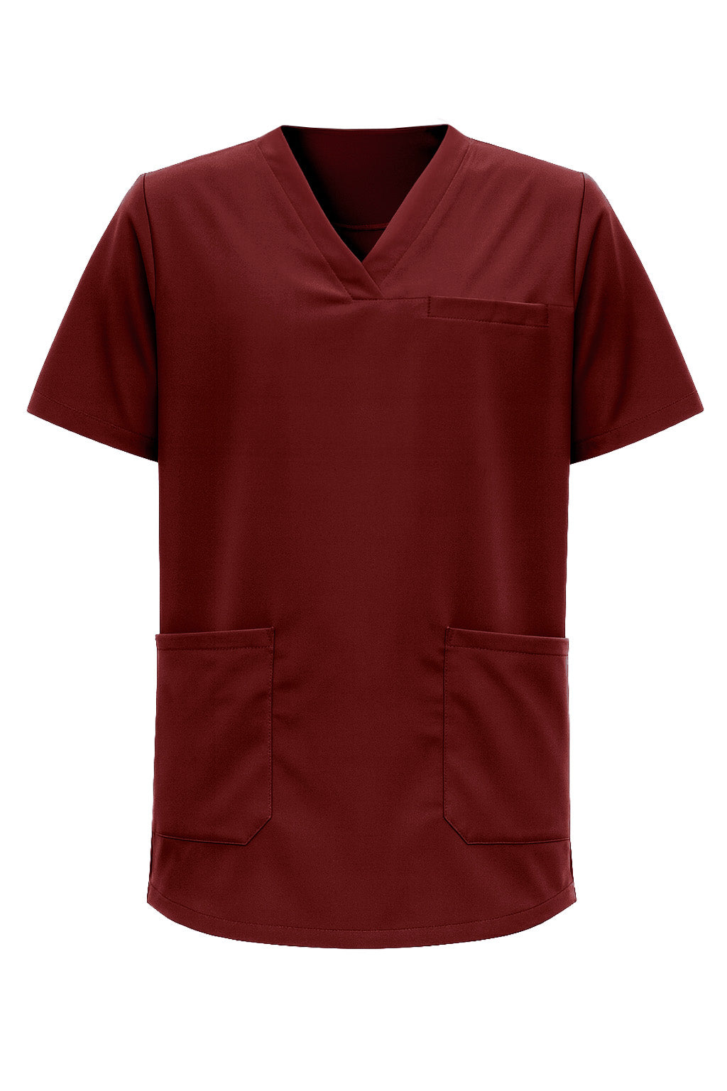 Kuvassa viininpunainen lyhythihainen työpaita. Edessä rintatasku ja alataskut. V-pääntie. 