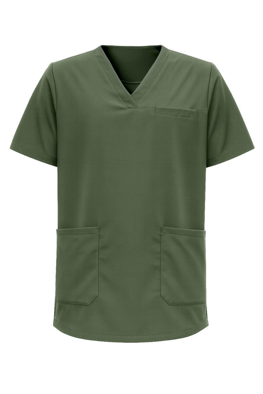 Kuvassa vihreä lyhythihainen työpaita. Edessä rintatasku ja alataskut. V-pääntie. 