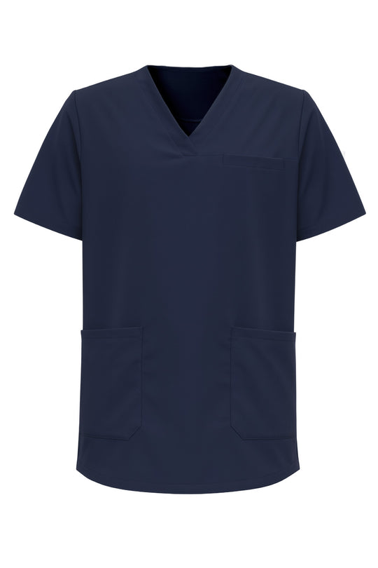 Kuvassa tummansininen lyhythihainen työpaita. Edessä rintatasku ja alataskut. V-pääntie. 