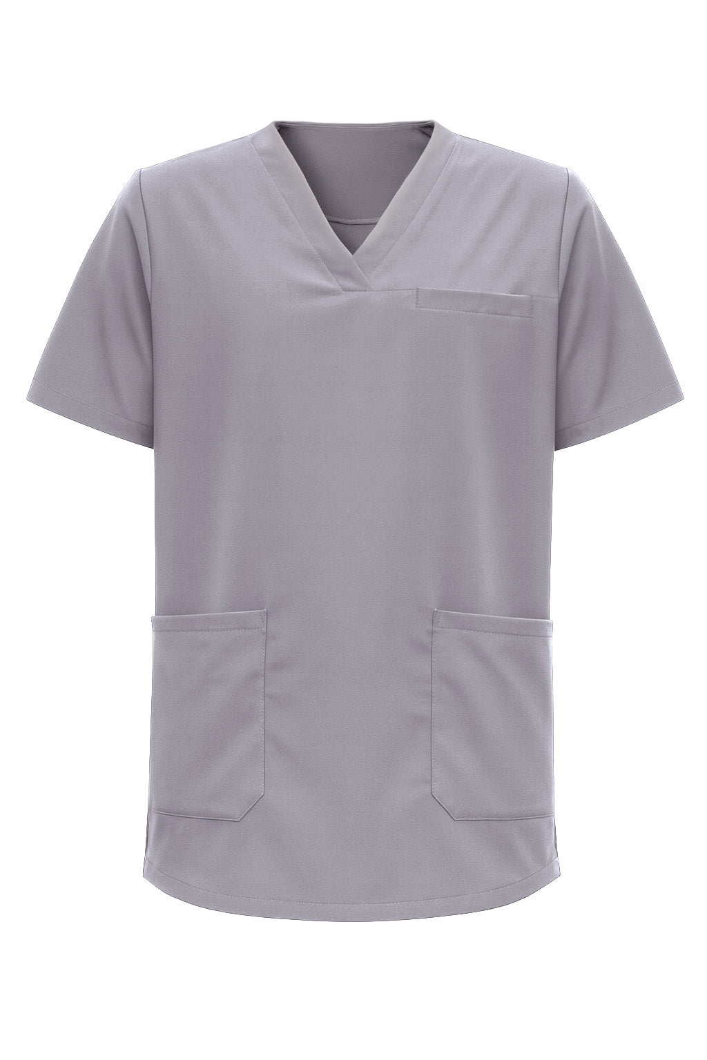 Kuvassa harmaa lyhythihainen työpaita. Edessä rintatasku ja alataskut. V-pääntie. 